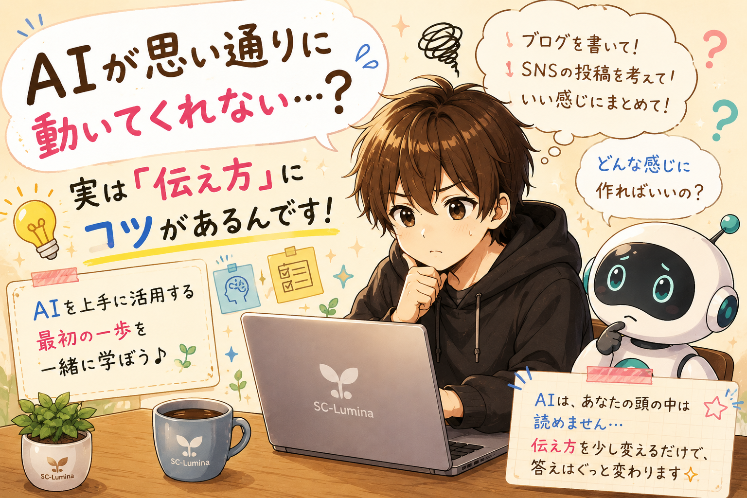 ChatGPTやCopilot、ClaudeなどのAIにうまくお願いするための基本を、副業初心者向けにやさしく解説。